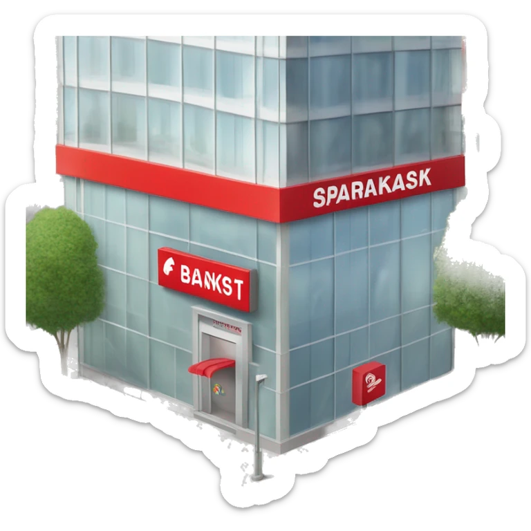 German Sparkasse bank with the red 'S' logo on a modern building, large glass windows, an ATM near the entrance, and parked cars outside on a busy city street."






 sticker