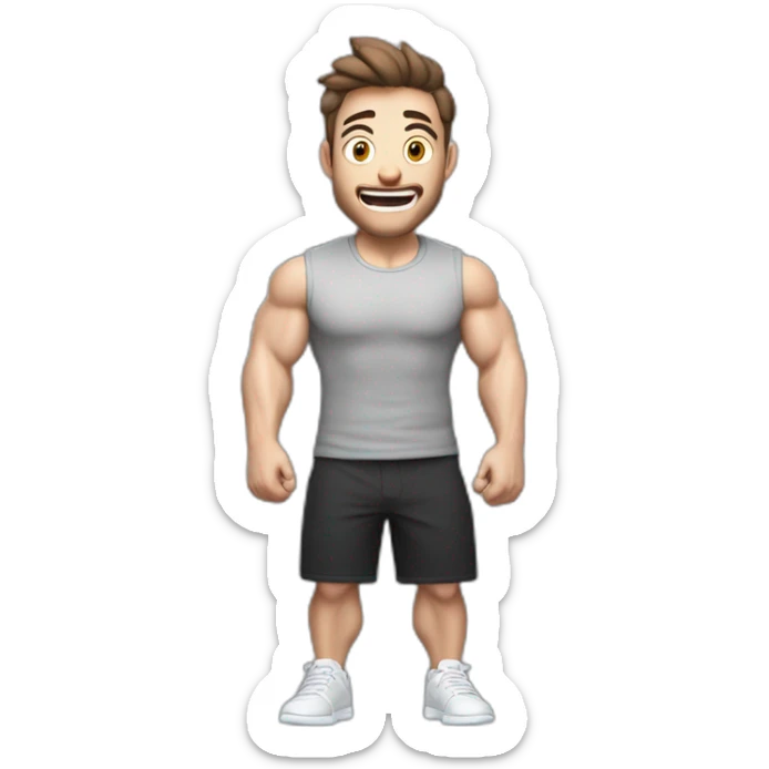 amazed Open with surprise mouth Pale skinned Fit Man With the biceps and dark brown hair in black shirt, gray sports shorts and white Sneakers sticker