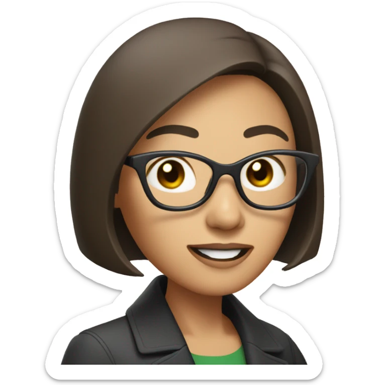 Asian woman with short brown hair wearing glasses talking into a microphone sticker