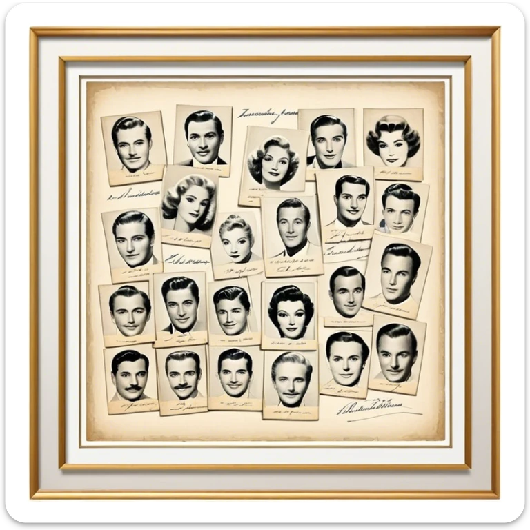 Icon for Autograph Collecting: several vintage framed with signatures of famous celebrities sheets stacked one on top of the other, each . The icon should evoke the charm and history of collecting autographs. Transparent background. sticker