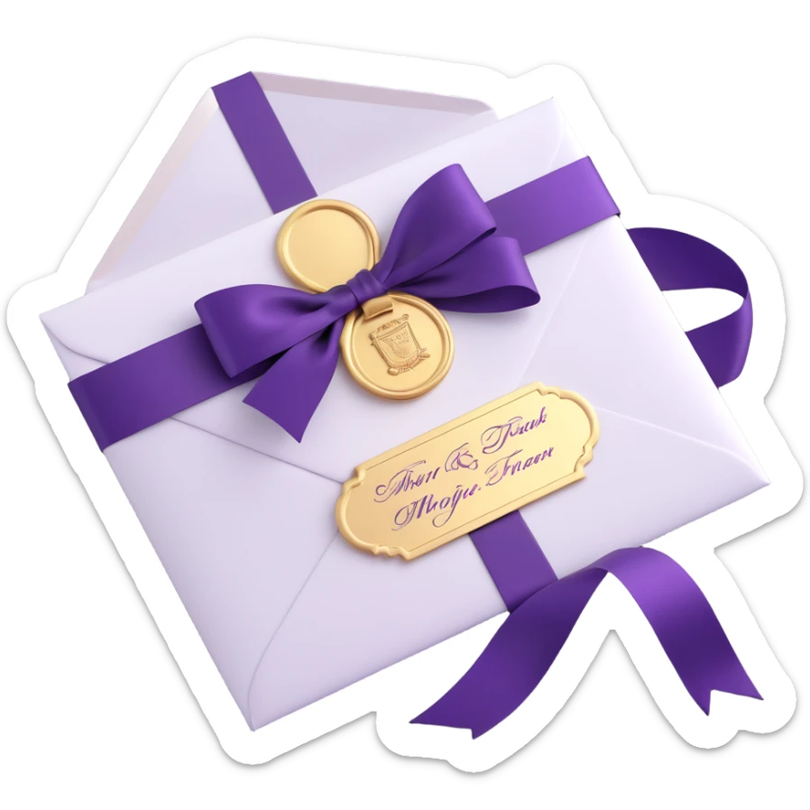 a luxury event invitation envelope, sealed with a gold wax stamp and purple ribbon, elegant and upscale sticker