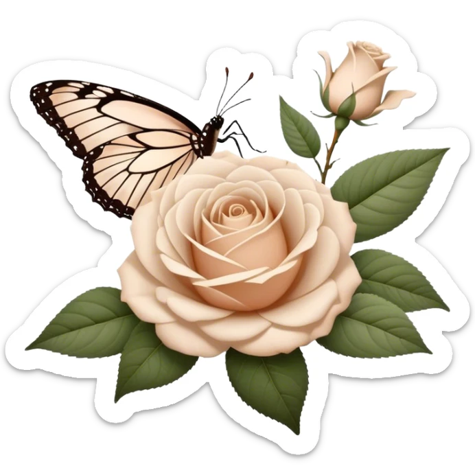 white Ascott tea rose next to a beige aesthetic vintage style leaf and a brown beautiful butterfly sticker