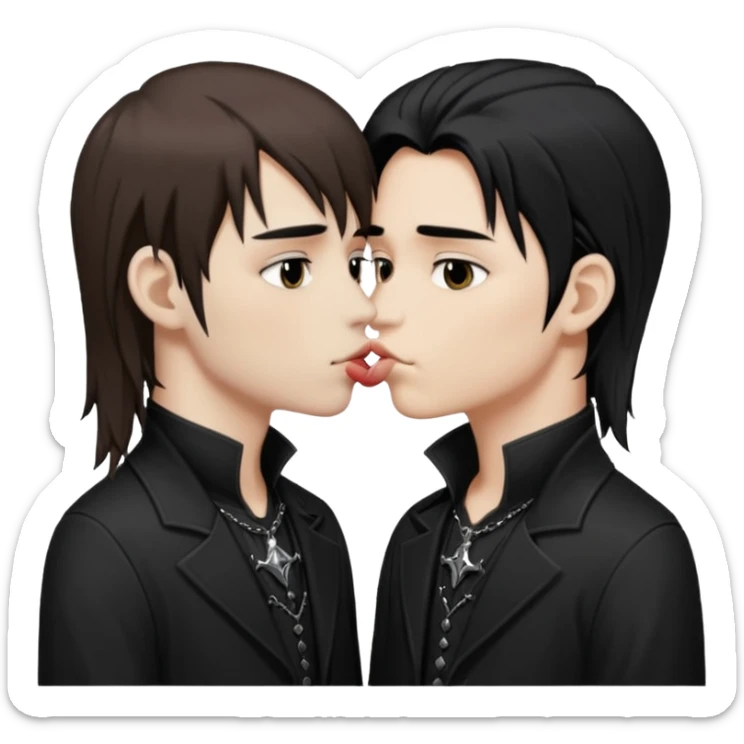 Goth Boys, one goth boy pale with brown hair the other a goth boy tan with long black hair, kissing sticker