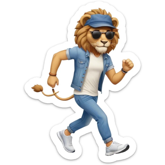 friendly anthropomorphised lion in jeans and a t-shirt, wearing dark sunglasses and a hat, jogging upright in relaxed pose sticker