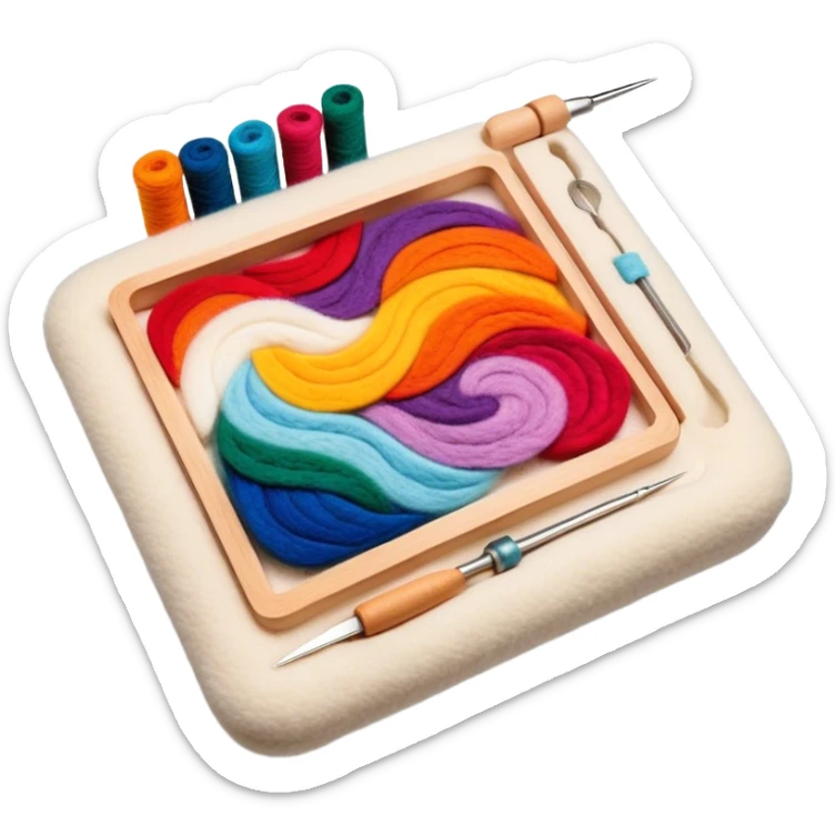 Felt art icon, colorful felt pieces being layered and shaped into a picture or decorative piece, felting needle and tools, intricate felted design in progress, minimalistic style, clean lines, transparent background. sticker