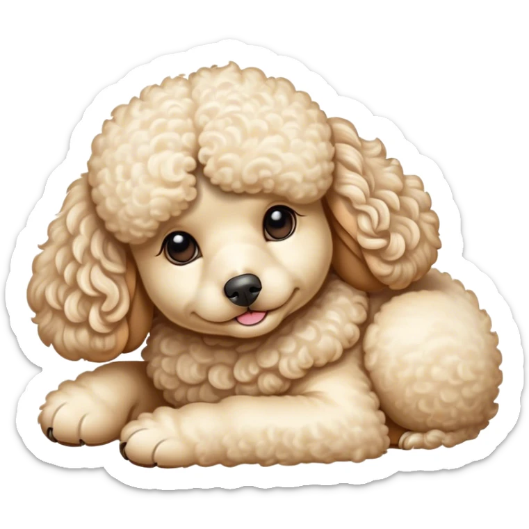 Meme-Worthy Cute Sleeping Cream Poodle Portrait Emoji, Head resting peacefully with a contented smile, showcasing a delightfully elegant build and a luxuriously soft, curly cream Fur, eyes shut in a serene nap, Simplified yet hilariously adorable features, highly detailed, glowing with a soft, drowsy light, high shine, relaxed and utterly lovable, stylized with an air of playful laziness, bright and heartwarming, soft glowing outline, capturing the essence of a comically sleepy companion, so meme-worthy it feels like it could instantly become the next viral sensation of adorable slumber! sticker