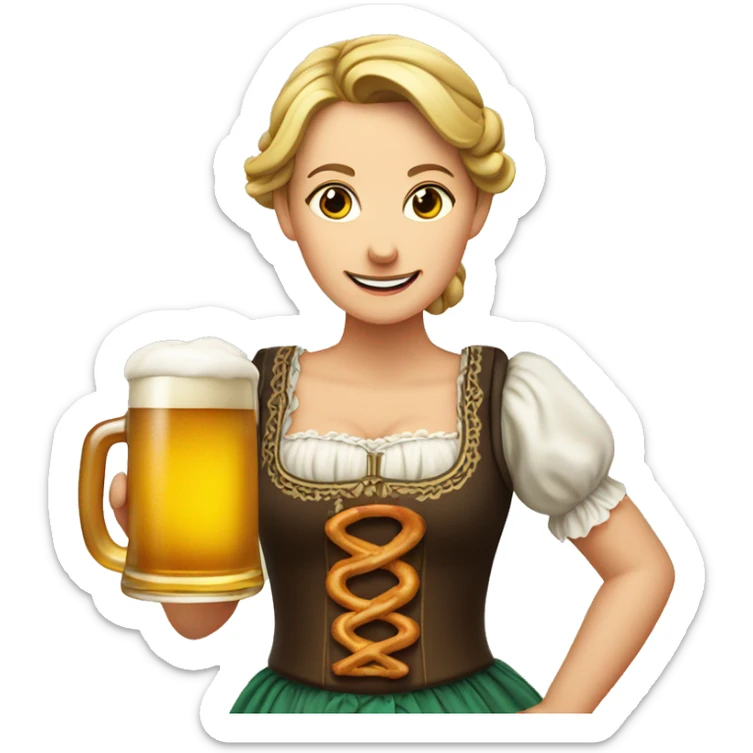 German Woman wearing a dirndl and holding a beer and a pretzel sticker