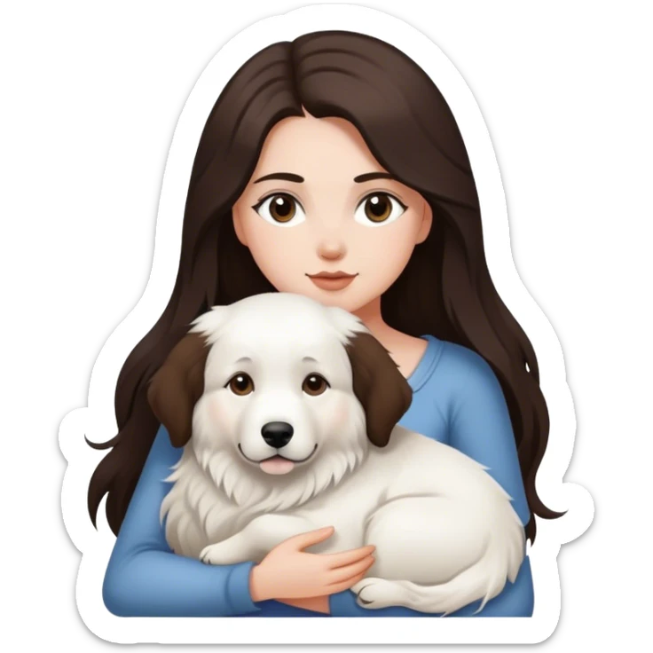 white girl with dark brown long hair holding Great Pyrenees  sticker