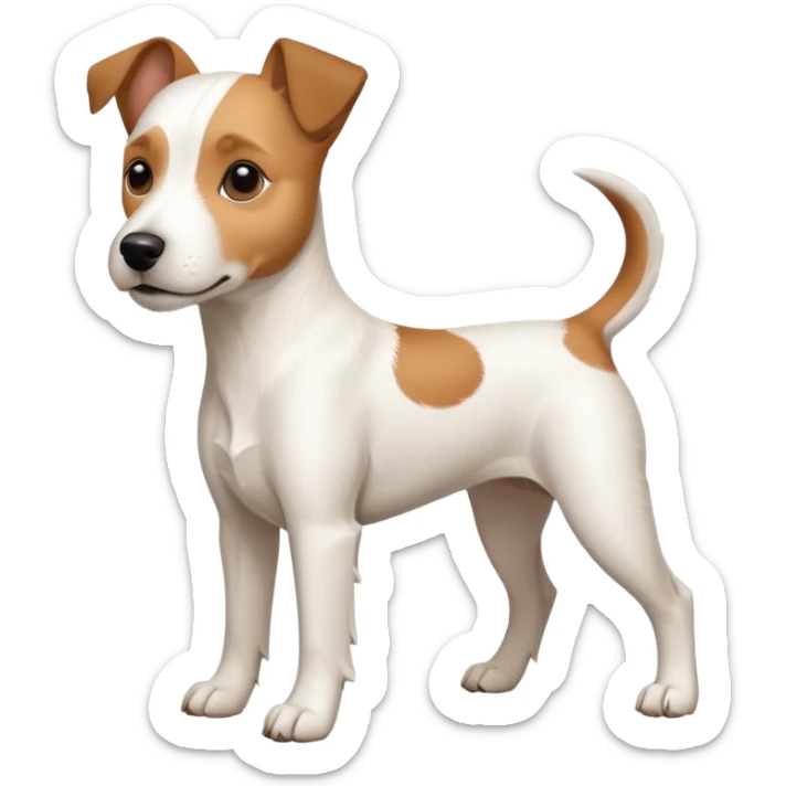 a full body large white parson russell terrier looking dog the size of a kelpie with light brown big ears and a light brown patch on one eye and a large snout sticker