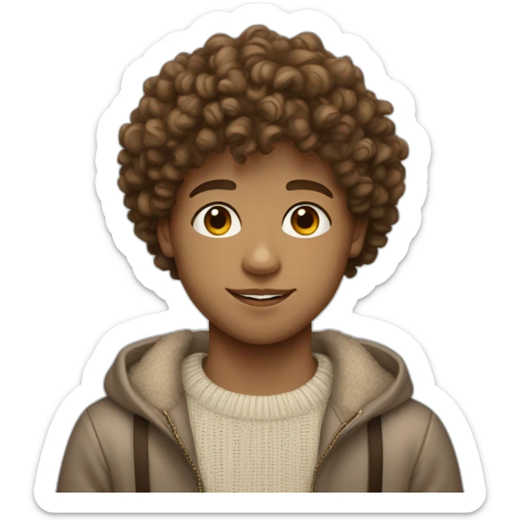 Boy with curls from Venezuela, semi-light brown curly hair. Wearing a sweater with fringes of 3 aesthetically pleasing. colors. "White skin" sticker