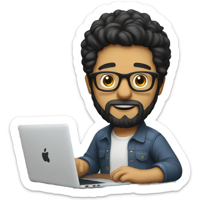 Designer with black hair, beard and glasses working with MacBook and eating ketchu bottle sticker