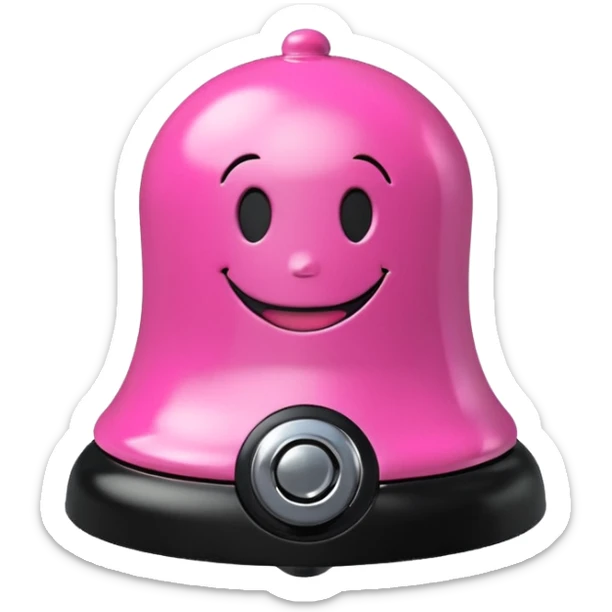 pink call bell with chrome knob on top and black base with smiley face on it sticker