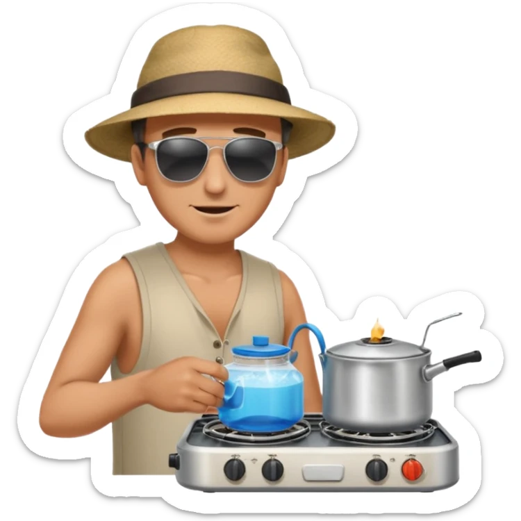 A man camper boiling water on a portable stove, enjoying the outdoor breeze.
 sticker