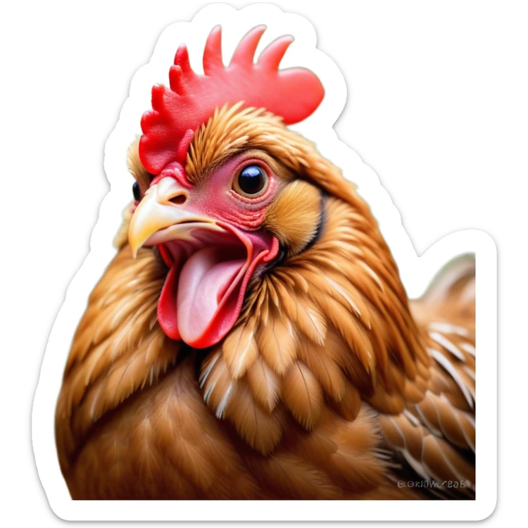 Cinematic Cute Yawning Brown Chicken Portrait Emoji, Head tilted slightly with a dramatic, wide-open yawn, showcasing a soft, fluffy brown plumage with a crisp red comb and gently drooping wings, round beady eyes barely open in drowsy contentment, Simplified yet irresistibly adorable features, highly detailed, glowing with a soft, cozy glow, high shine, relaxed yet expressive, stylized with a touch of whimsical charm, bright and endearing, soft glowing outline, capturing the essence of a sleepy yet affectionate chicken, so drowsy it feels like it could stretch out of the screen and curl up for a nap! sticker