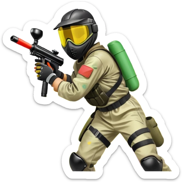 A dynamic scene of a player in action, holding a paintball gun and wearing protective gear. The background shows a vibrant paintball field with obstacles, colorful splatters of paint in the air, and an intense, competitive atmosphere. sticker