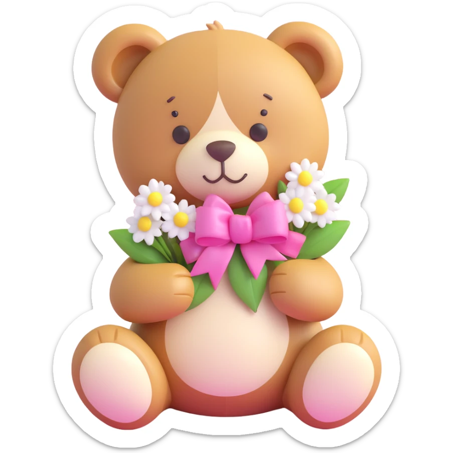 A cute teddy bear with a pink bow on its head, holding a bouquet of white flowers, in a 3D iOS Disney style, with a soft pink background and hearts floating around. sticker