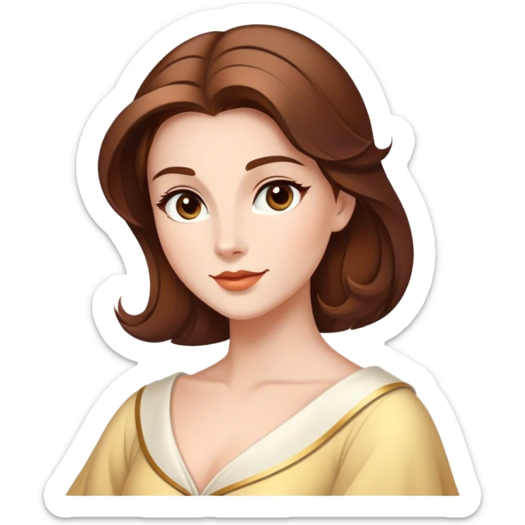 Cinematic Majestic Belle Portrait Emoji, rendered in a clean, vector-style with bold, simplified shapes. Show Belle with a serene, noble expression, fair skin and gracefully styled brown hair, her classic attire refined and understated. The design radiates a majestic, enchanting glow with high shine and a soft glowing outline, embodying royal elegance. sticker
