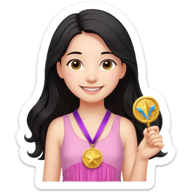 black haired girl wearing pastel pink with medals remove any hats, make her smile, make her hair longer sticker