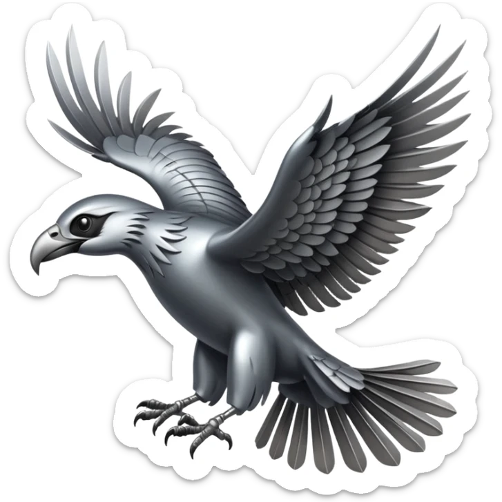 Emoji-style icon of a large metallic predatory bird flying, sharp wings, steel texture, dramatic pose, no gold no yellow sticker