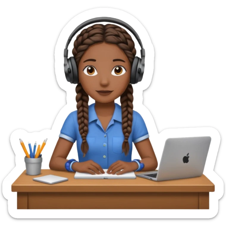 realistic dark brown skinned female with braids leaving desk with headphones on sticker