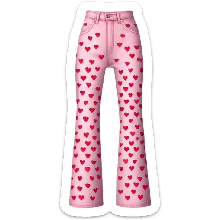 Realistic long Wide leg high waisted pink jeans with small red hearts print, isolated sticker