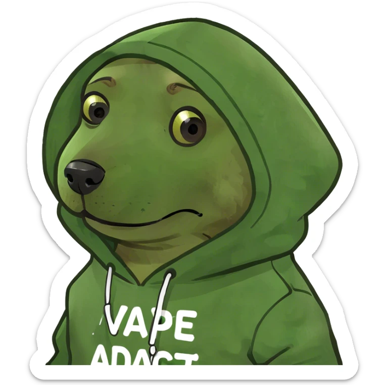 Small brown dog wearing a hoodie that says vape addict sticker