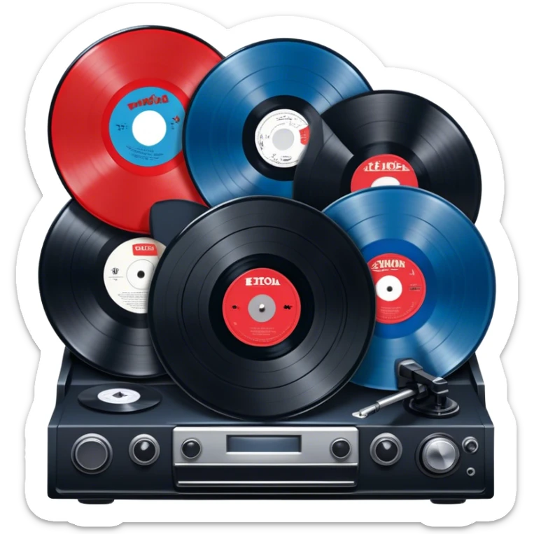 Icon for Vinyl Record Collecting: large black? red and blue vinyl records in decorative packaging featuring artist images, neatly arranged on a wall or shelf, vinyl record player. The icon should reflect the aesthetic and artistic aspect of collecting vinyl records. Transparent background. sticker