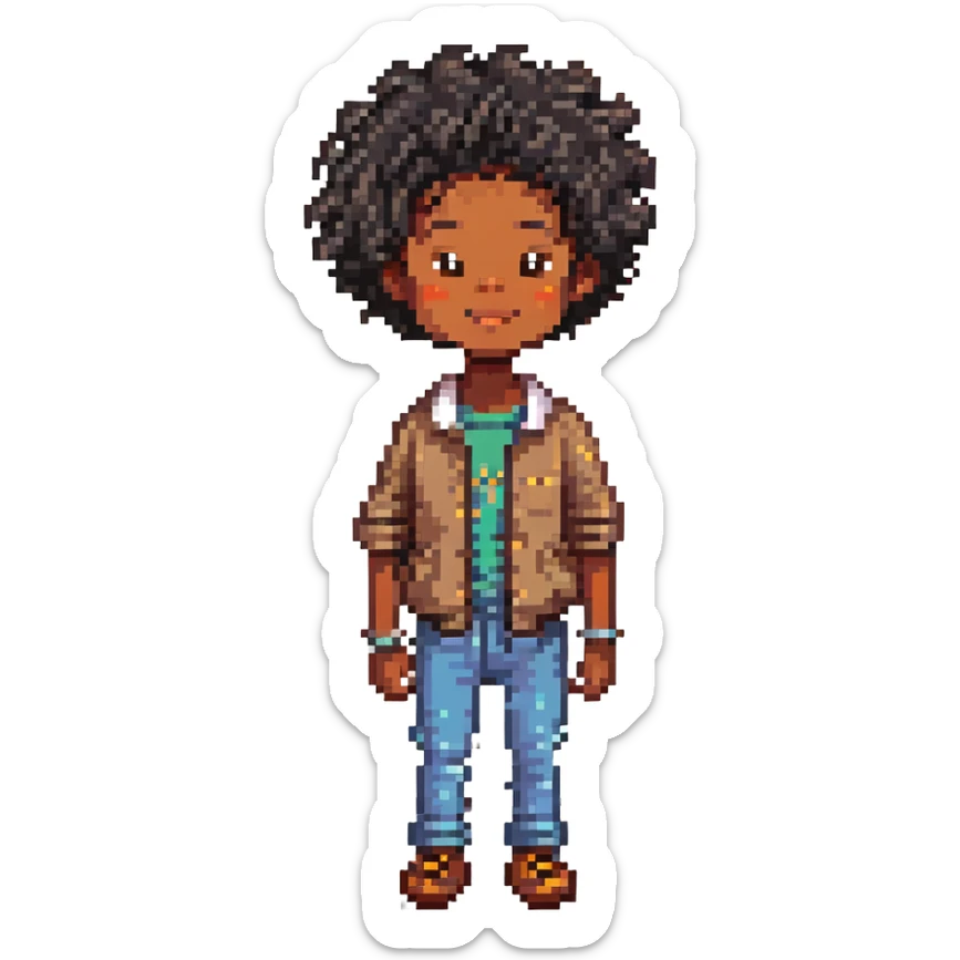 black boy with curly hair, intentionally exaggerated and humorous, playful and cartoonish sticker