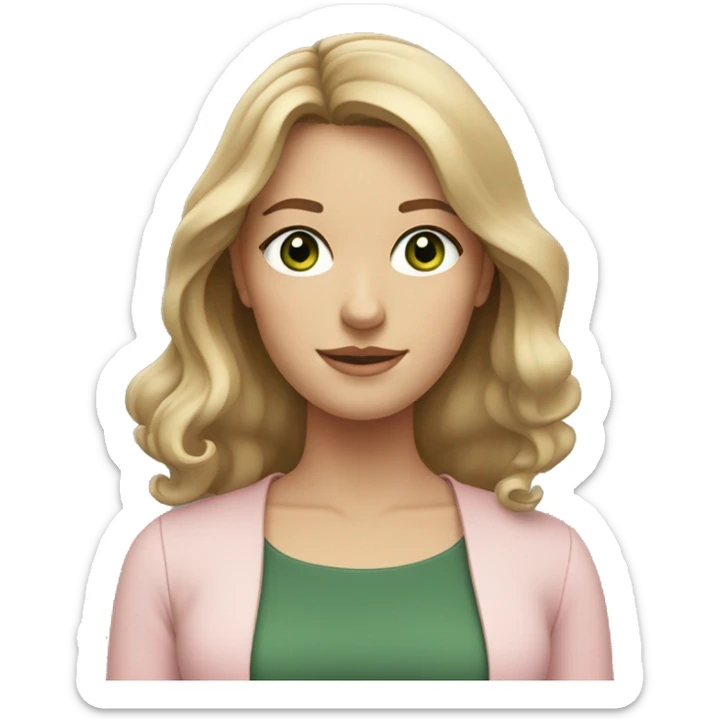 A young women with shoulder length slightly wavy dark blonde hair, dark green eyes wearing a light pink blouse  sticker