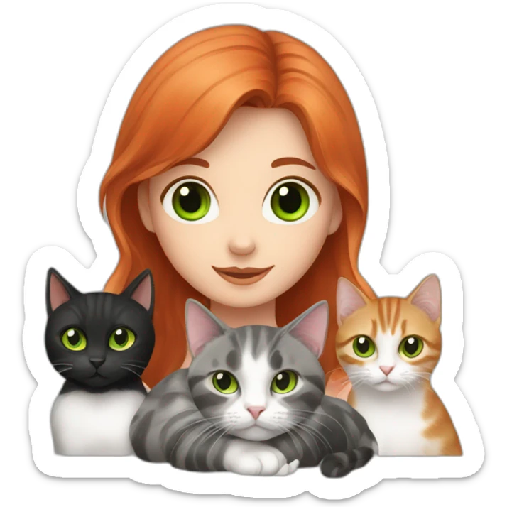 a red haired girl with green eyes surrounded by 3 black cats, 1 white and grey cat, 5 grey tabby cats sticker