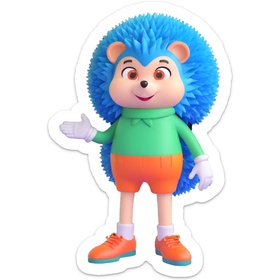 blue humanoid hedgehog with white gloves and socks, red shoes, 3 quills, peach belly, green eyes sticker