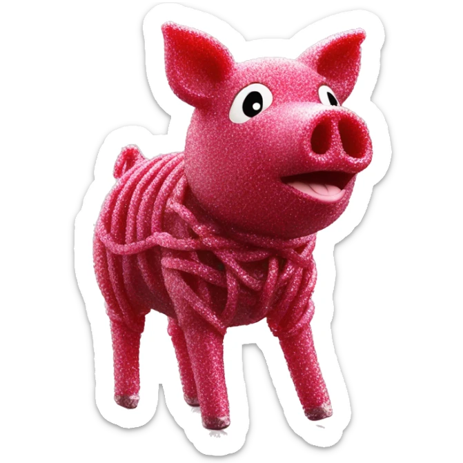 Sparkling Pig made of maroon sparkling sour candy laces andc sweets walking covered in sugar  sticker
