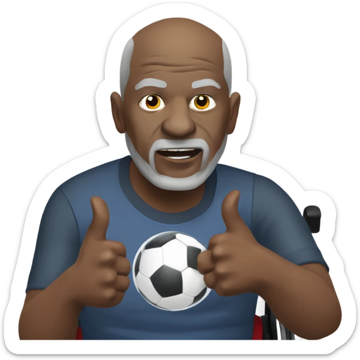 old black bald man with a protruding round belly in wheelchair. angry face. grey stubble. he is pointing finger in front. Arsenal soccer shirt. mouth word bubble sticker