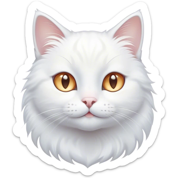 Cinematic Cute White Cat Portrait Emoji, Head tilted with a soft, gentle smile and sparkling eyes, featuring a silky, pristine white fur with subtle silver highlights, simplified yet irresistibly adorable, highly detailed, glowing with a warm, snowy glow, high shine, radiating affectionate charm and tender grace, styled with a light, playful outline, capturing the essence of a cute white cat that looks as if it could melt your heart with a single blink! sticker