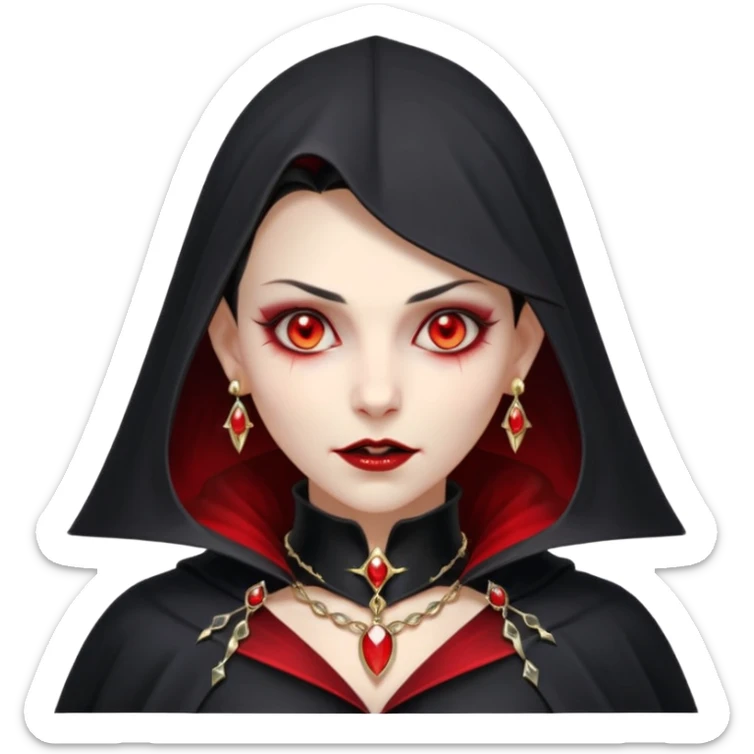 vampire village woman portrait, head and shoulders only, dark gothic cloak collar, sharp fangs, red glowing eyes, elegant yet eerie expression, subtle jewelry, 3D cartoon, mobile game icon style, clean background, no text, no watermark sticker
