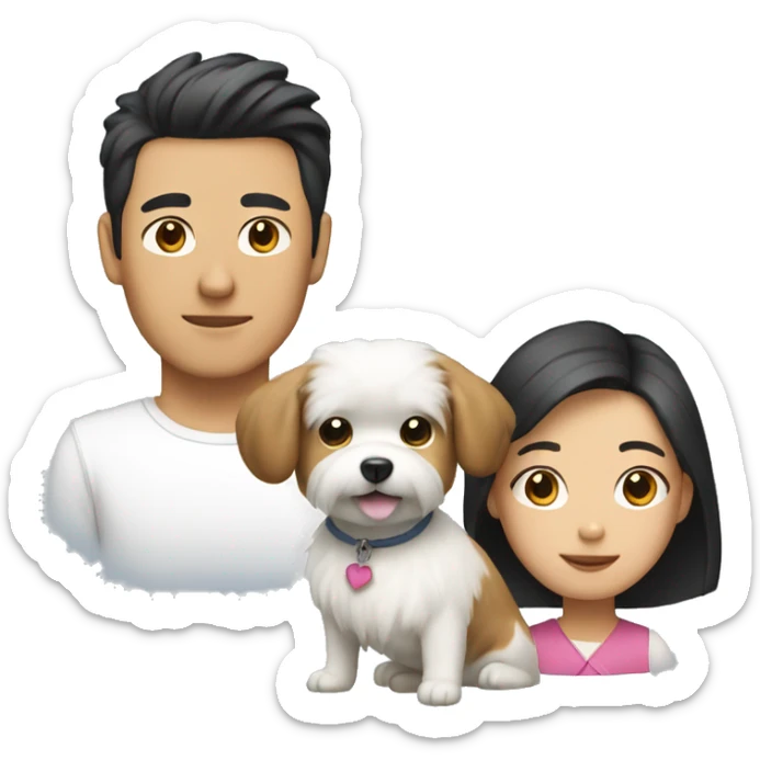 an Asian couple (the guy's hair is long) with a small white fluffy dog sticker