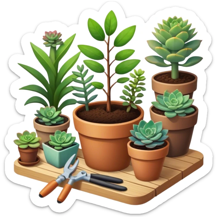 Close-up of a potted sapling in rich soil surrounded by vibrant plants and succulents. Bright sunlight filters through the window, casting soft shadows. Nearby gardening tools rest on a wooden table. Cozy indoor atmosphere with greenery and flowers. sticker