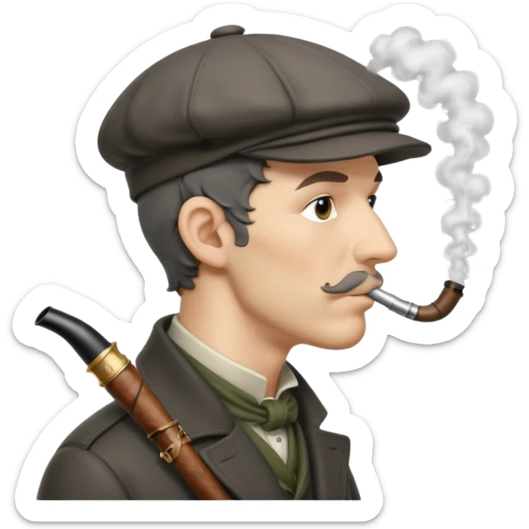 A side view of Sherlock Holmes wearing a deerstalker hat with a curved meerschaum pipe held to his lips sticker