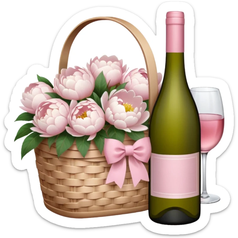 White Picnic basket with light pink bow and white peonies and a pink wine bottle inside sticker