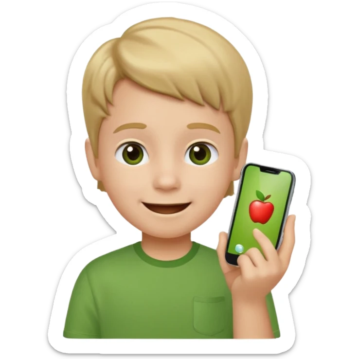 happy little kid with a phone, apple style emoji, wearing a green shirt, concise style typical of apple emojis sticker