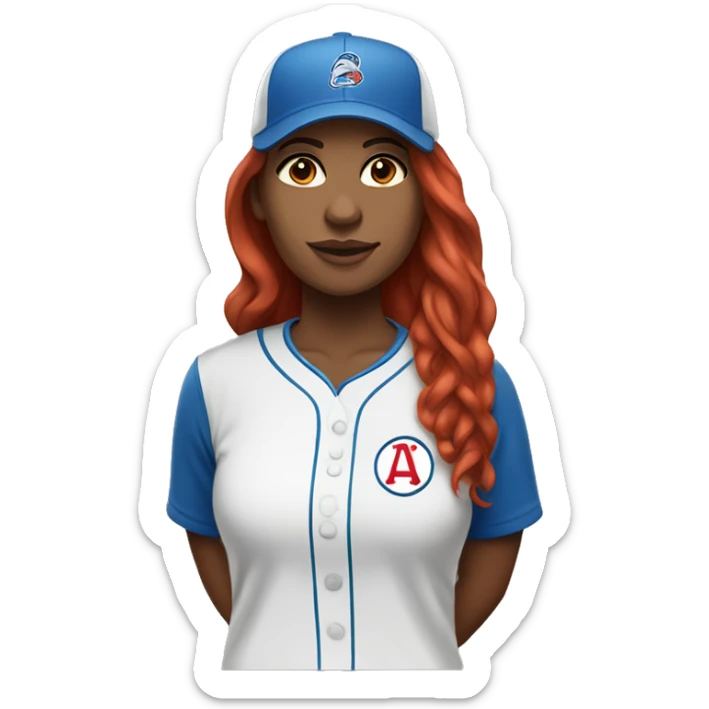 front facing standing up female coach with long red hair, wearing a white t-shirt and a simple baseball blue hat sticker