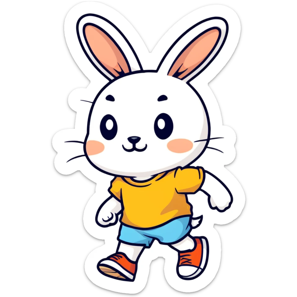retro 1930s anthropomorphised rabbit in a t-shirt and shorts walking black and white sticker