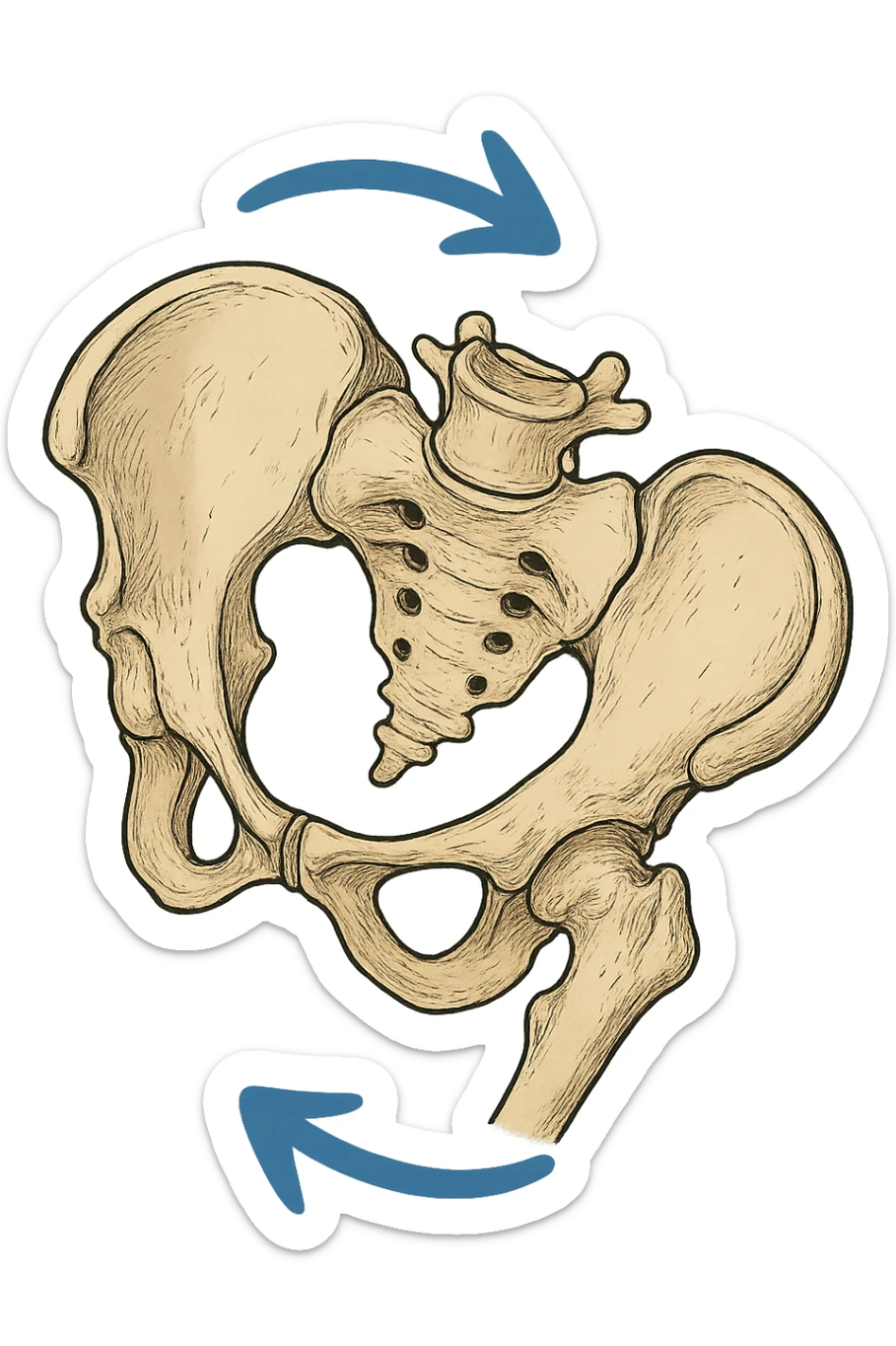 Bacino anatomico ruotato in senso orario con le frecce per far capire sticker