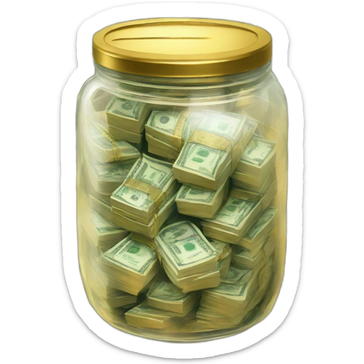 A clear jar with a metallic lid filled with stacks of cash and gold  sticker