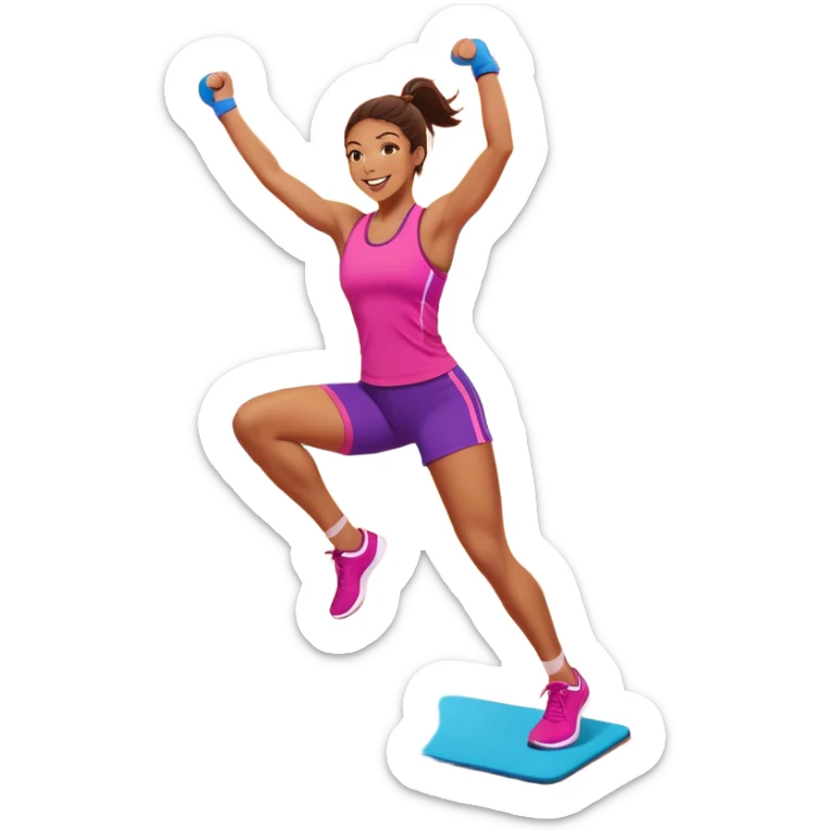 An energetic person performing an aerobics workout in a brightly lit gym, jumping and stretching with enthusiasm. The scene includes vibrant fitness equipment like dumbbells and exercise mats, with a background of cheerful, motivating colors, conveying energy and movement. sticker