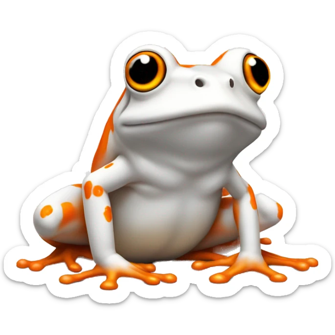 an orange frog with a white mark on its fur. the white mark should be in the shape of a flame, but there's no flame involved in the photo itself, just the shape of the fur sticker