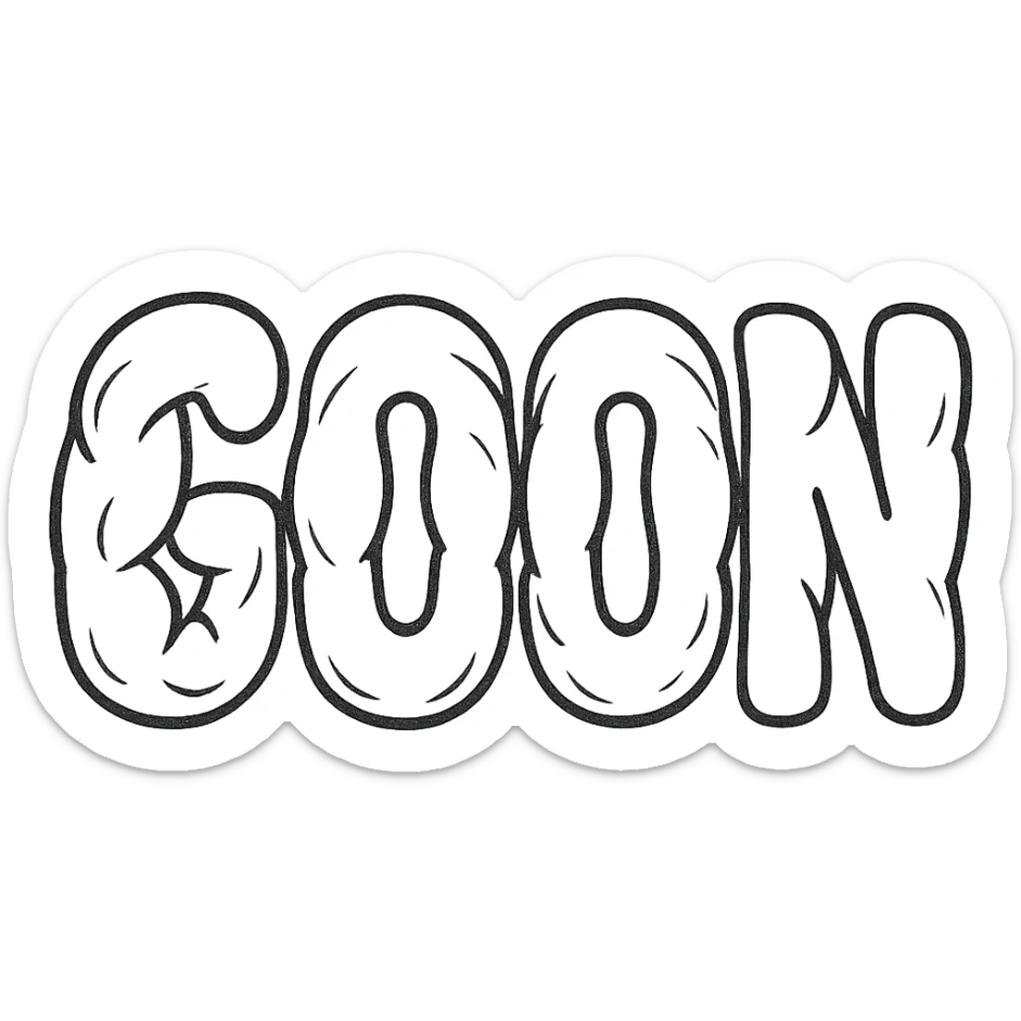 Add some muscle bulges to the word GOON, making the letters appear more three-dimensional and muscular, but still keeping the overall look clean and not overly detailed. No background. sticker