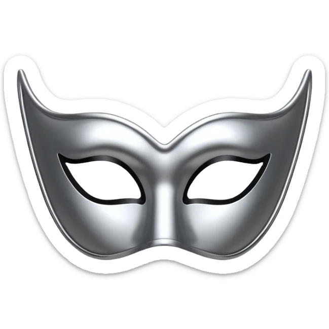 A sleek masquerade mask emoji made of polished silver chrome, smooth sensual curves, reflective metallic surface, mysterious sexy luxury vibe, minimal iOS emoji style, centered, clean white background sticker