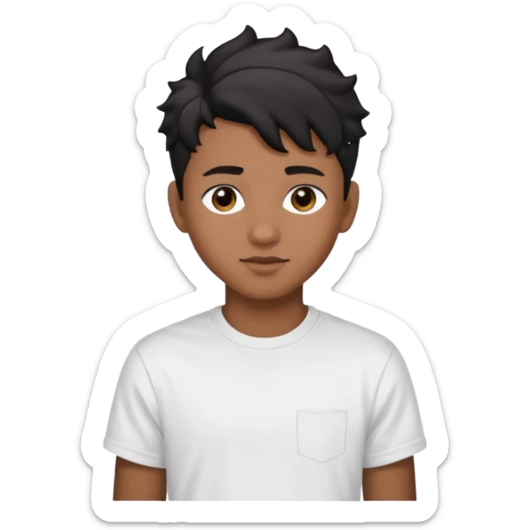 face emoji, 16-year-old, brown skin, wavy black hair with a taper fade, good-looking, white t-shirt sticker