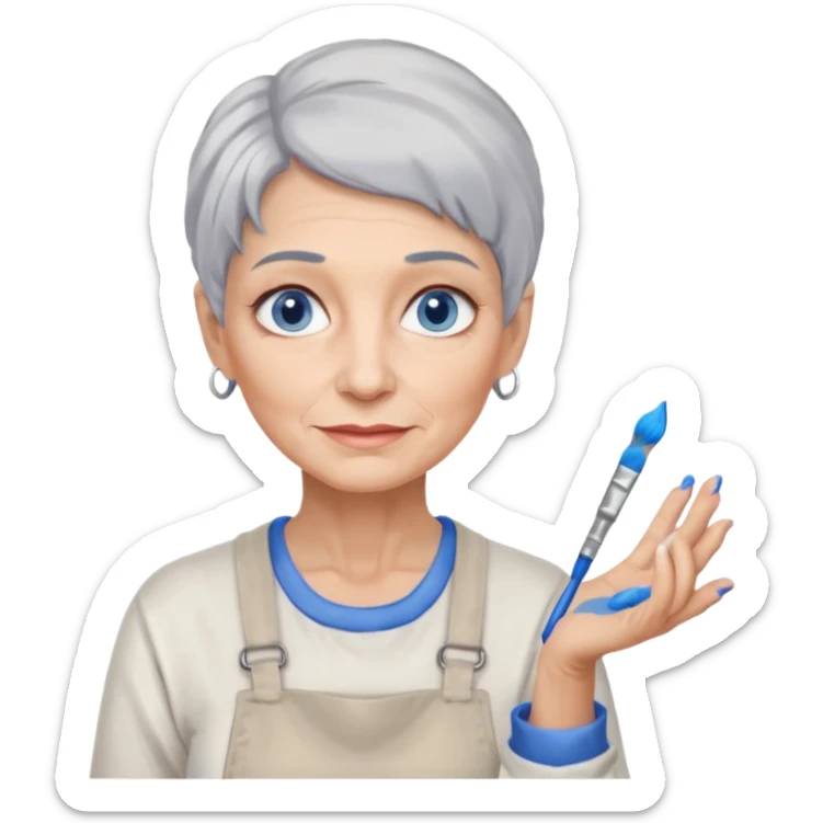 FEMME 65 ET PLUS CHEVEUX GRIS, YEUX BLEU ARTISTE PEINTRE  sticker